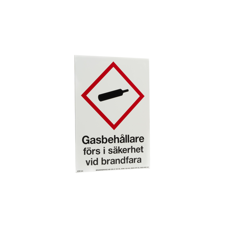 Skylt Gasbehållare förs i säkerhet vid brandfara